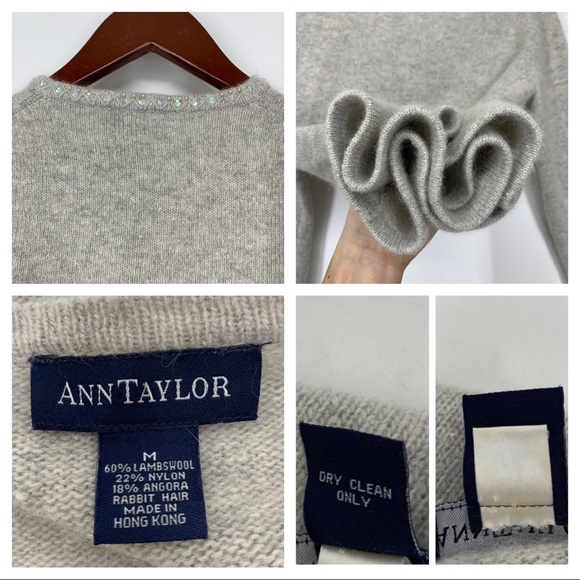 Ann Taylor Gray Iridescent Beaded Lambswool Angora Blend Preppy Cardigan Medium - Picture 12 of 15